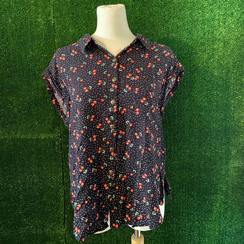 Black Button Down Blouse with White Dots & Cherries
